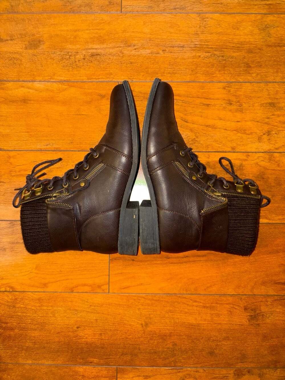SHEIN Lace-Up Boots Size 9 Brown Faux Leather Knit Cuff Ankle Booties